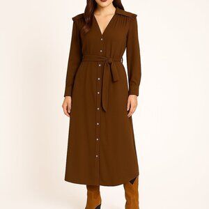 Diega Fringe Boho Dress Button Front Viscose Wool Maxi Self Tie Western Inspired